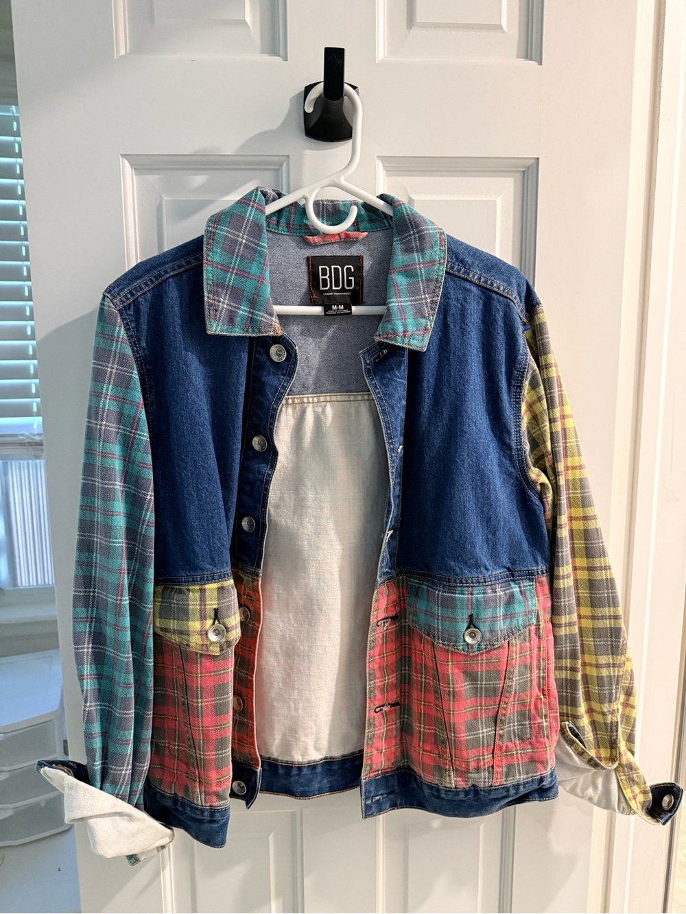 Unisex Patchwork Plaid Denim Jacket - Red/Green/Yellow